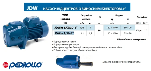 Насос центробежный Pedrollo JDWm 2/30-4" (1,1 кВт) ЭЖЕКТОР 4"