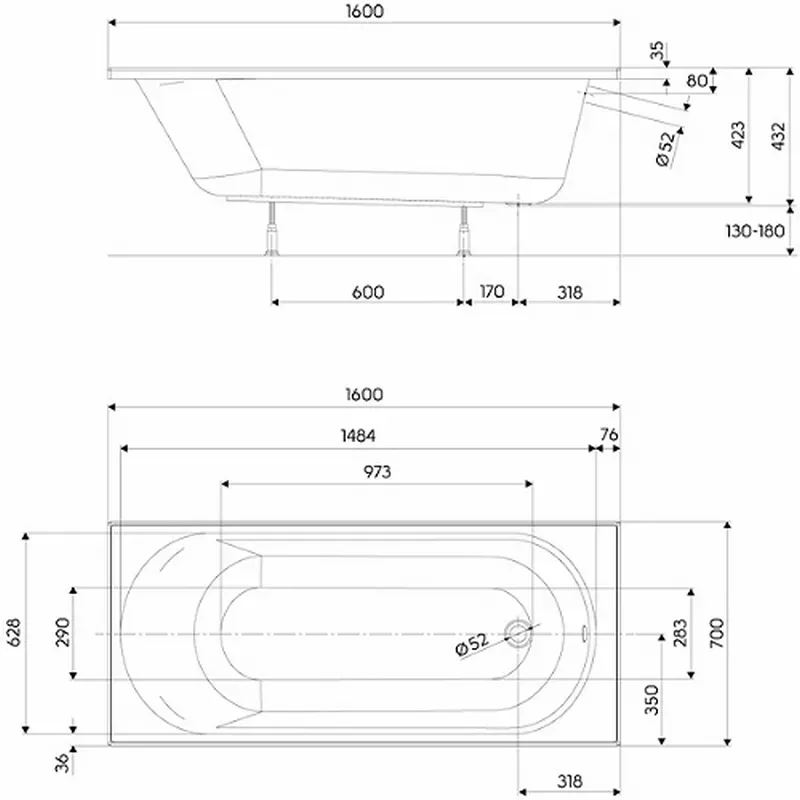 Ванна акрилова 160 х 70 KOLO OPAL PLUS з ніжками - Фото 2