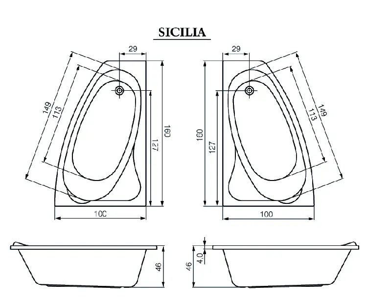 Ванная 160 х 100 CERSANIT SICILIA акриловая правая угловая на ножках - Фото 3