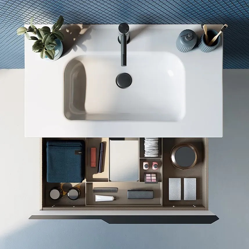 Тумба з умивальником (126354+123343) MIO 80 на 2 ящики, білий матовий/ручка чорний матовий, підвісна - Фото 2