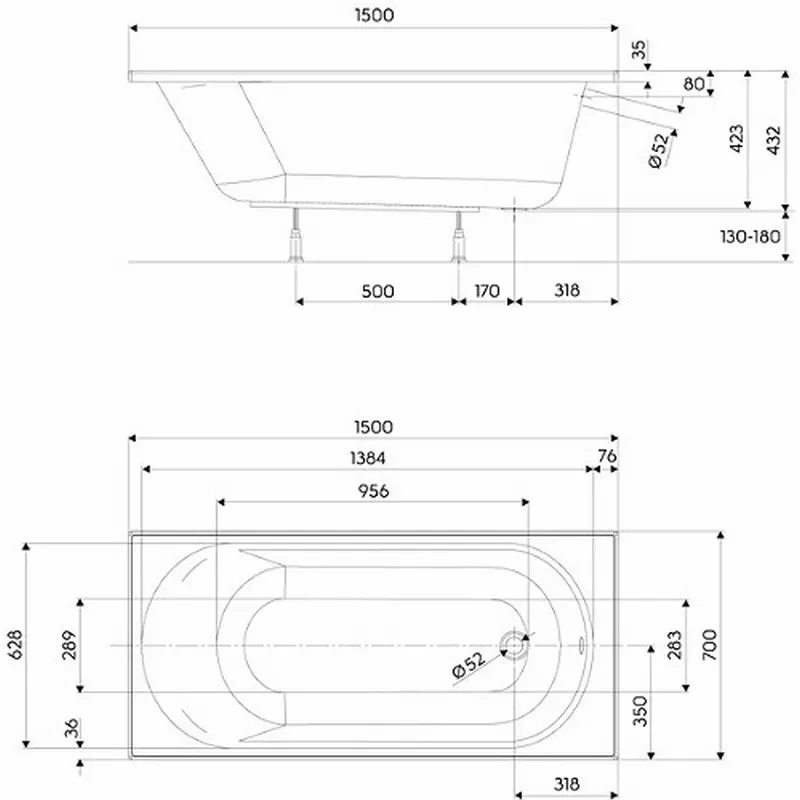 Ванна акрилова 150 х 70 KOLO OPAL PLUS з ніжками - Фото 2