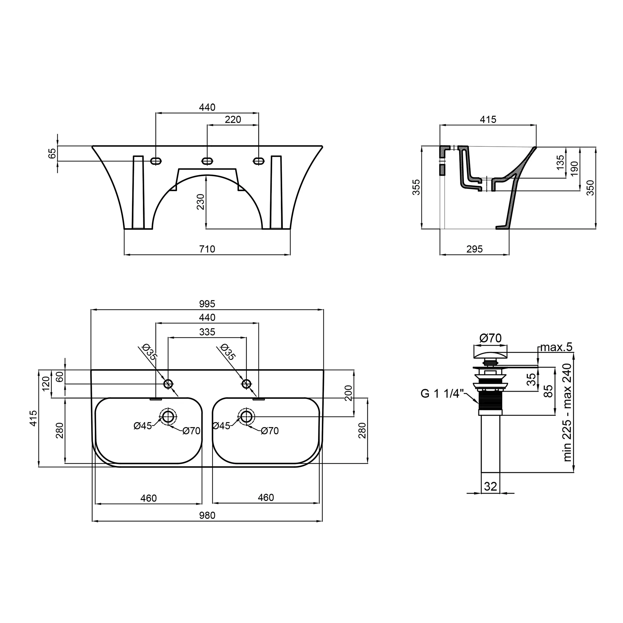 Раковина подвесная моноблок двойная Qtap Virgo 1000х410х360 White с донным клапаном QT1811G760W - Фото 2