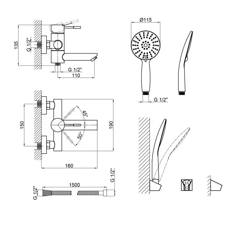 Смеситель для ванны Lidz Aria 006 с поворотным изливом (с душевым гарнитуром) (k35) LDARI006BLA43369 - Фото 3
