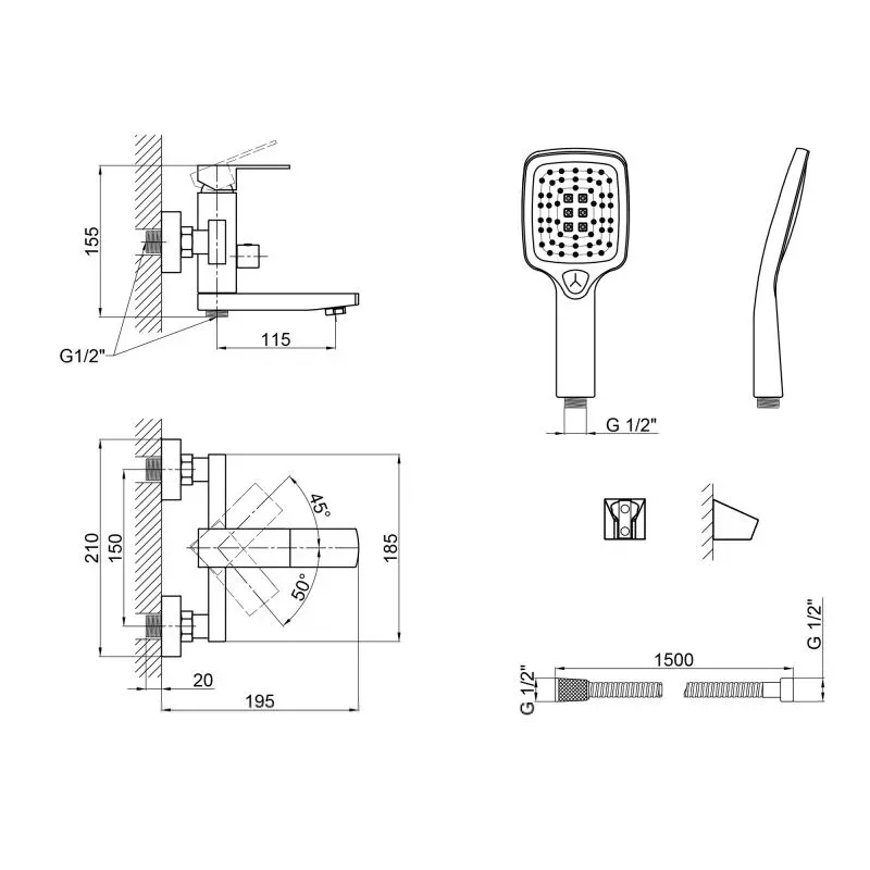Смеситель для ванны Lidz Kubis 006 с поворотным изливом (c душевым гарнитуром) (k35) LDKUB006BLA43377 Black - Фото 3