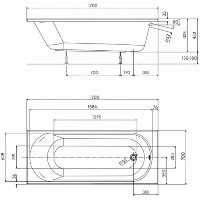 Ванна акрилова 170 х 70 KOLO OPAL PLUS без ніжок - Фото 2