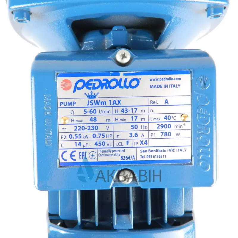 Насос поверхностный центробежный Pedrollo JSWm 1AX 9м 0.55 кВт (Италия) - Фото 5